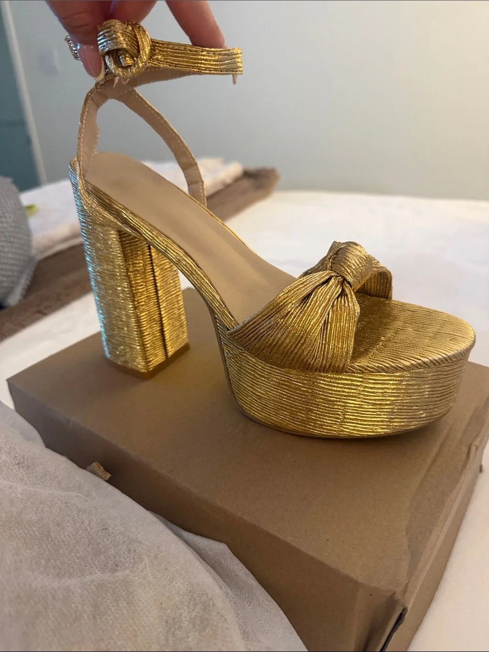Gold Platform Knot-Front High Heel Sandals